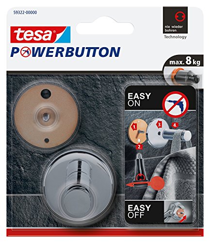 tesa Powerbutton Haken Universal LARGE aus verchromtem Metall - selbstklebender Badhaken, runde Form - Handtuchhaken für das Bad - belastbar bis 8 kg von tesa