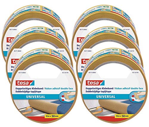 tesa Doppelseitiges Klebeband Universal im 6er Pack - Vielseitiges Klebeband für Verpackungen, Deko und Teppiche oder zum Basteln - 6 Rollen je 10 m von tesa