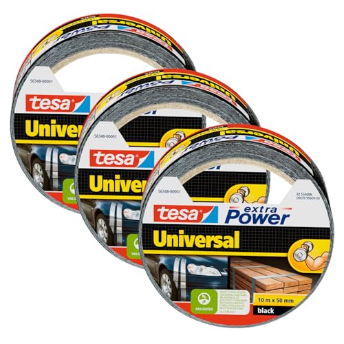 tesa extra Power Universal Gewebeband - Klebeband mit extra starkem Halt - vielseitiges Duct Tape für Reparaturen, zum Befestigen, Abdichten und mehr - Schwarz - 3 Rollen - 10 m x 50 mm von tesa