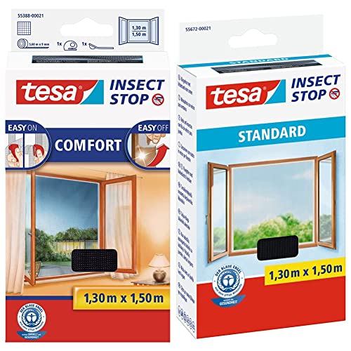 tesa Insect Stop COMFORT Fliegengitter Fenster - Insektenschutz mit Klettband selbstklebend,130cm x 150cm & Insect Stop STANDARD Fliegengitter für Fenster - Insektenschutz zuschneidbar-130cm x 150cm von tesa