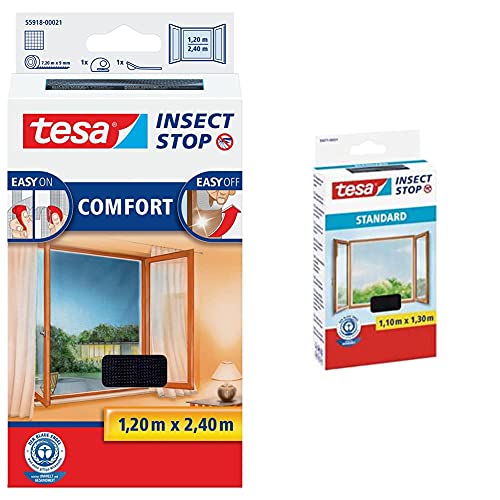 tesa Insect Stop COMFORT Fliegengitter für bodentiefe Fenster - Insektenschutz selbstklebend, 120 cm x 240 cm & Insect Stop Fliegengitter für Fenster - Insektenschutz zuschneidbar - 130 cm x 150 cm von tesa