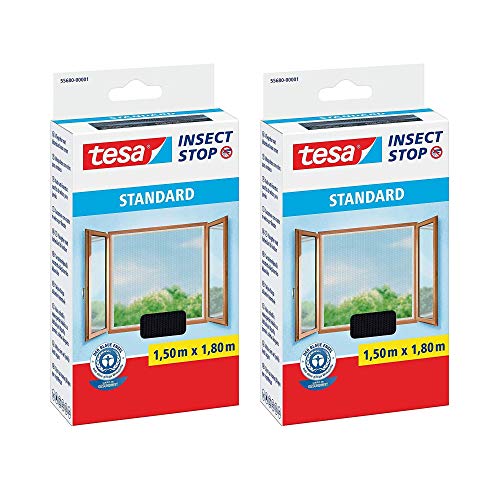 tesa Insect Stop STANDARD Fliegengitter für Fenster - Insektenschutz zuschneidbar 1,5m:1,8m (2er Pack), Anthrazit (Durchsichtig) von tesa