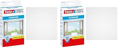 tesa Insect Stop STANDARD Fliegengitter für Fenster - Insektenschutz zuschneidbar - Mückenschutz ohne Bohren - 1 x Fliegen Netz weiß - 100 cm x 100 cm (Packung mit 2) von tesa