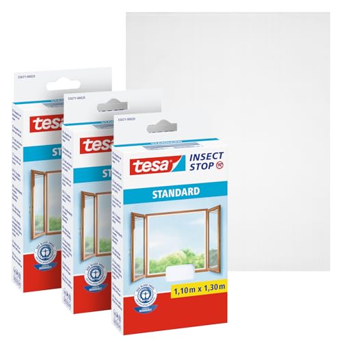 tesa Insect Stop Standard Fliegengitter für Fenster im 3er Pack - Insektenschutz zuschneidbar - Mückenschutz ohne Bohren - 3 x Fliegen Netz weiß - 110 cm x 130 cm von TESA