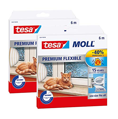 tesamoll Premium Flexible - Selbstklebende Silikondichtung zum Isolieren von Spalten an Fenstern und Türen - Transparent - 6 m x 9 mm x 7 mm (2er Pack) von tesa