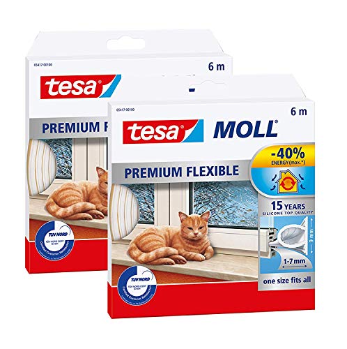 tesamoll Premium Flexible - Selbstklebende Silikondichtung zur Isolierung von Spalten an Fenstern und Türen - transparent - 6m x 9mm x 7mm (2 Stück) von tesa