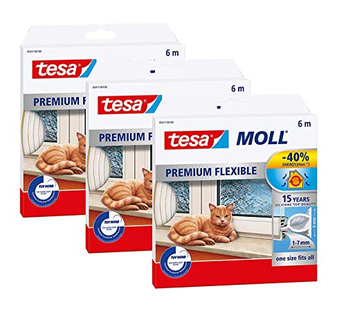 tesamoll Premium Flexible - Selbstklebende Silikondichtung zum Isolieren von Spalten an Fenstern und Türen - Transparent - 6 m x 9 mm x 7 mm (3er Pack) von tesa