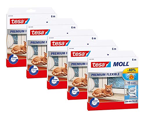 tesa Moll Premium Flexible selbstklebende Silikondichtung zur Isolierung von Spalten an Fenstern und Türen - transparent - 6m x 9mm x 7mm (5 Stück) von tesa
