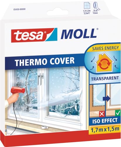 tesamoll Thermo Cover Fenster-Isolierfolie - Transparente Isolierfolie zur Wärmedämmung an Fenstern - Inklusive praktischer Klebelösung - 1,7 m x 1,5 m von tesa
