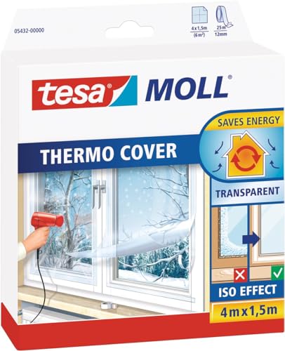 tesamoll Thermo Cover Fenster-Isolierfolie - Transparente Isolierfolie zur Wärmedämmung an Fenstern - Inklusive praktischer Klebelösung - 4 m x 1,5 m von tesa
