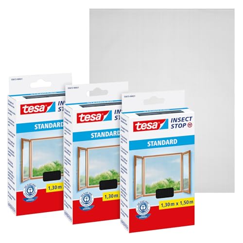 tesa Insect Stop Standard Fliegengitter für Fenster im 3er Pack - Insektenschutz zuschneidbar - Mückenschutz ohne Bohren - 3 x Fliegen Netz - 130 cm x 150 cm - Anthrazit von TESA