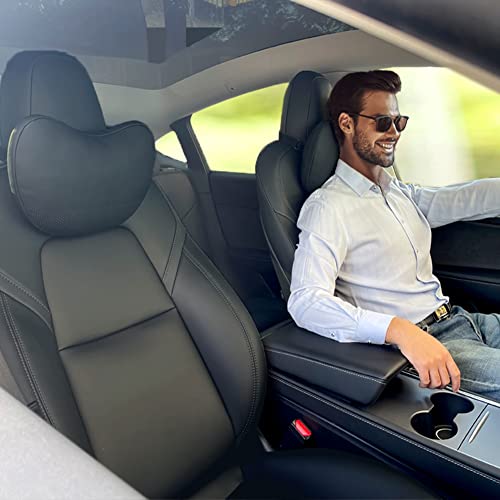 TESBEAUTY Upgraded Auto Kopfstützenkissen 2 Packungen Echtes Nappaleder Auto Nackenkissen Tesla Model Y Model 3 Model X Model S Universal Fit Nackenstützkissen Schwarz von TESBEAUTY
