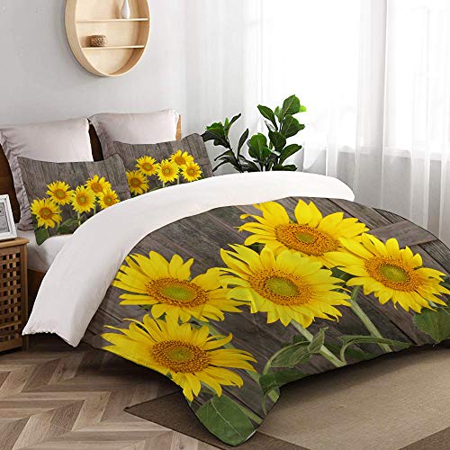 TESCCI Bettwäsche-Set, Mikrofaser,Helianthus-Sonnenblumen gegen verwitterten gealterten Zaun Summer Garden Photo,1 Bettbezug 135 x 200cm+ 2 Kopfkissenbezug 80x80cm von TESCCI