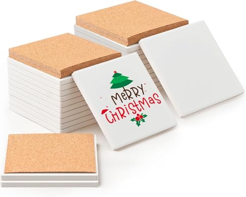 24 Stück Quadratische Weiße Keramik Untersetzer, 10 x 10cm DIY Bastel Untersetzer Set, Rohlinge Keramikfliesen unglasiert mit Korkunterlage, Alkoholtinte, Acryl Pouring, Mosaike, Malprojekte von TESIN