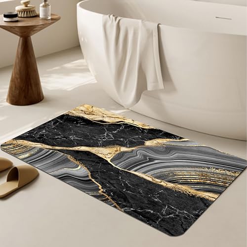 TESIQIMT Badezimmerteppich, schwarz-goldener Marmor-Badeteppich, Heimdekoration, rutschfeste Bodenmatte, Schlammmatte für drinnen und draußen, 44,5 x 76,2 cm von TESIQIMT