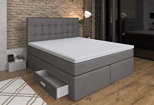 Tesla Dreams Boxspringbett 140x200 Ankona - Schublade, 7 Zonen-Taschenfederkern-Matratzen, H2/H3,Topper 10 cm Höhe MemoLUX, Grau von TESLA DREAMS Reality of Comfort