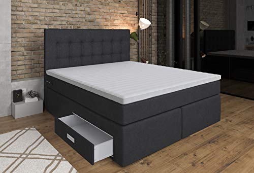 Tesla Dreams Boxspringbett 160x200 Ankona - Schublade,7 Zonen-Taschenfederkern-Matratzen,H2/H3, Topper Visco, Anthrazit von TESLA DREAMS Reality of Comfort