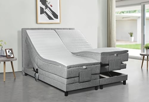 Tesla Dreams Boxspringbett 160x200 Emotion - Elektrisch verstellbare Matratze, 7 Zonen Taschenfederkern-Matratze H2/H3, Topper Latex, Grau von TESLA DREAMS Reality of Comfort