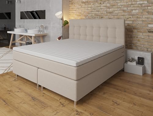 Tesla Dreams Boxspringbett 160x200 Ronda, 7 Zonen Taschenfederkern-Matratze H2/H3, gratis Montage, Topper Komfortschaum, Unterbau Taschenfederkern, Beige von TESLA DREAMS Reality of Comfort