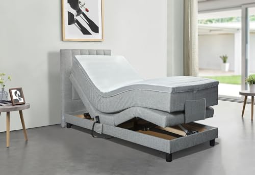 Tesla Dreams Boxspringbett Elektrisch verstellbare, Boxspringbett 90x200 Emotion, 7 Zonen Taschenfederkern-Matratze H2/H3, Topper MemoLUX-10 cm Grau von TESLA DREAMS Reality of Comfort
