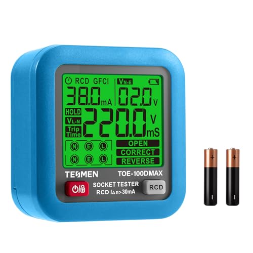 TESMEN TOE-100DMAX Steckdosentester mit RCD-Auslösezeitanzeige, Hintergrundbeleuchtetem LCD, Spannungsmessung und Datenhaltefunktion, für Haus & Elektroprüfung (EU Plug) - Blau von TESMEN