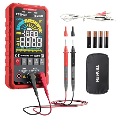 TESMEN TSM-599 Smart Digital Multimeter Auto&Manual Measurement TRMS 6000 Counts Voltmeter mit NCV DC/AC Spannung & Strom Widerstand Kontinuität Diode Kapazität Hz% Temperatur Live Wire - Rot von TESMEN