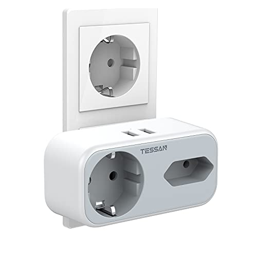 Doppelstecker für Steckdose, TESSAN 4 in 1 Mehrfachstecker mit 2 USB, Steckdosenadapter 2Fach mit 1 Eurosteckdose und 1 Schuko, Mehrfachstecker für Steckdose 2Fach mit USB Steckdose, Grau von TESSAN