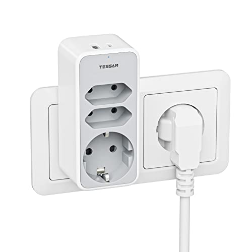 TESSAN Doppelstecker für Steckdose, 5 in 1 Mehrfachstecker für Steckdose, Steckdosenadapter USB C, dreifachsteckdose für doppelsteckdose mit USB C Steckdose, Kompatibel mit Phone, Grau von TESSAN