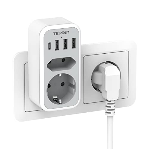 TESSAN Doppelstecker für USB Steckdose, Mehrfachsteckdose mit 4 USB Netzstecker, Steckdosenadapter 2Fach Stecker mit USB, Mehrfachstecker für Steckdose und USB C Adapter, Netzteil USB C Steckdosen von TESSAN