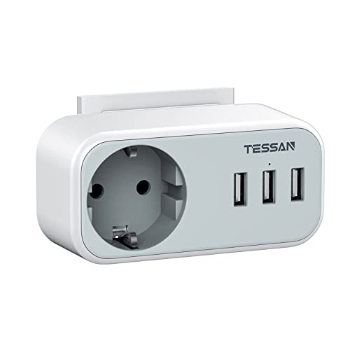 Mehrfachstecker für Steckdose, TESSAN USB Steckdose, 4 in 1 Steckdosenadapter mit 3 USB, Mehrfachstecker mit USB Ladegerät für Zuhause und Reisen, Steckdose USB Kompatibel für Phone, Pad, Grau von TESSAN