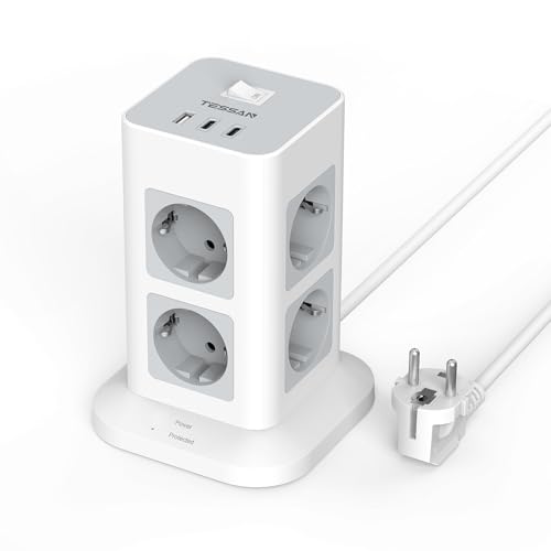 TESSAN 8 Fach Mehrfachsteckdose mit USB C, Steckdosenleiste Überspannungsschutz 1700J, 3 USB Mehrfachstecker, Mehrfachsteckdose mit Schalter, 2M Verlängerungskabel, 3600W Steckdosenturm von TESSAN
