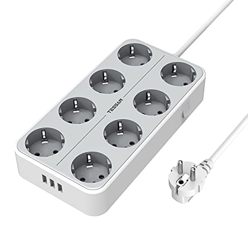 Steckdosenleiste mit USB,TESSAN 8 Fach Mehrfachsteckdose, 11 in 1 Steckerleiste Extension Cord, Verteilersteckdose mit Schalter, Mehrfachstecker Verlängerungskabel 2m,Power Strip 3600W für Büro, Weiß von TESSAN