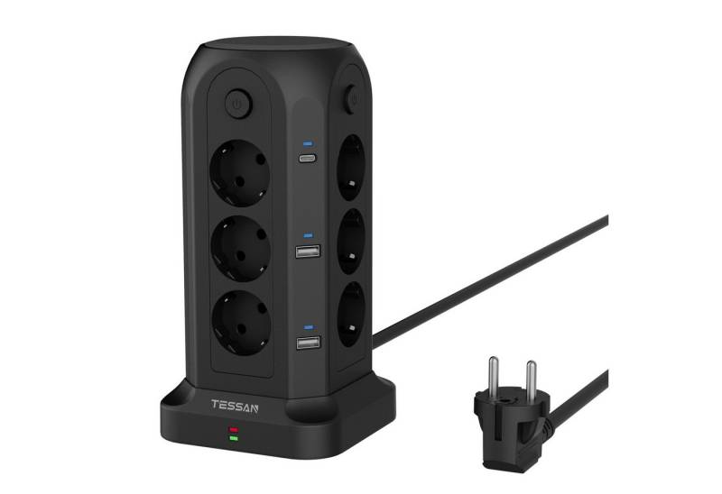 TESSAN 12 Fach Steckdosenturm mit USB – Mehrfachsteckdose Tower für Büro Mehrfachsteckdose (USB-Anschlusse, Ein-/Ausschalter, Kabellänge 2 m) von TESSAN