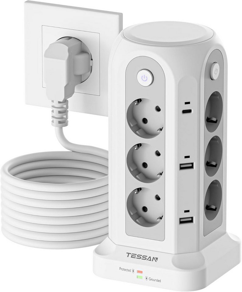 TESSAN 12 Fach Steckdosenturm mit USB – Mehrfachsteckdose Tower für Büro Mehrfachsteckdose (USB-Anschlusse, Ein-/Ausschalter, Kabellänge 5 m) von TESSAN