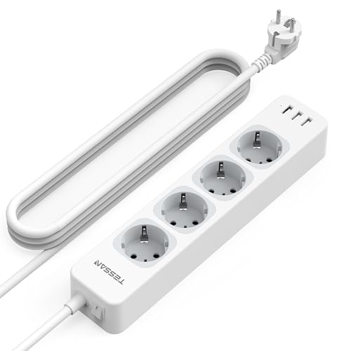 TESSAN 4 Fach Mehrfachsteckdose mit 3 USB, 7 in 1 Steckdosenleiste Verlängerungskabel 3M, Mehrfachstecker mit Schalter, 3600W Verteilersteckdose Steckerleiste, Mehrfachsteckdose mit USB, Weiß von TESSAN