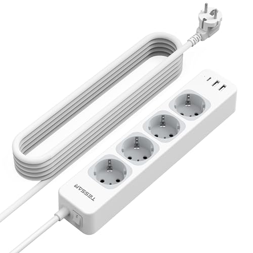 TESSAN 4 Fach Mehrfachsteckdose mit Verlängerungskabel 5M, Steckdosenleiste mit 1 USB C und 2 USB A, Mehrfachstecker mit Schalter, 3600W Verteilersteckdose Steckerleiste, Mehrfachsteckdosen mit USB von TESSAN