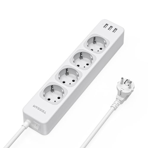 TESSAN 4 Fach Steckdosenleiste mit USB, 3 USB Mehrfachsteckdose mit Schalter, 7 in 1 Mehrfachstecker Verlängerungskabel 2m, 3600W Verteilersteckdose Steckerleiste mit USB, Mehrfachsteckdose mit USB von TESSAN