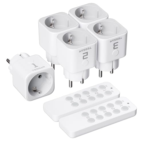 TESSAN Funksteckdosen mit Fernbedienung Set, 5 Steckdosen mit 2 Handsender, Reichweite 30,5M Ferngesteuerte Stecker für Innen Weihnachtsdeko, Haushaltsgeräte und Lampe, 2300W, Weiß TESSAN Funksteckdosen mit Fernbedienung Set, 5 Steckdosen mit 2 Handsender, Reichweite 30,5M Ferngesteuerte Stecker für Innen Weihnachtsdeko, Haushaltsgeräte und Lampe, 2300W, Weiß von TESSAN
