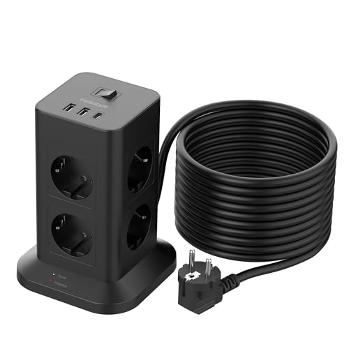 TESSAN Mehrfachsteckdose Überspannungsschutz mit Verlängerungskabel 10M, 8 Fach Steckdosenleiste mit USB C und 2 USB A, 3600W 16A Steckerleiste, Steckdosenturm Verteilersteckdose für Zuhause, Schwarz von TESSAN