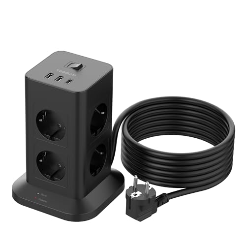 TESSAN Mehrfachsteckdose Überspannungsschutz mit Verlängerungskabel 5M, 8 Fach Steckdosenleiste mit USB C und 2 USB A, 3600W 16A Steckerleiste, Steckdosenturm Verteilersteckdose für Zuhause, Schwarz von TESSAN