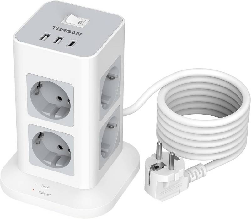 TESSAN 8 Fach Steckdosenleiste USB C Mehrfachstecker 2M Kabel Steckdosenturm Mehrfachsteckdose (Ein- / Ausschalter, USB-Anschlüsse) von TESSAN