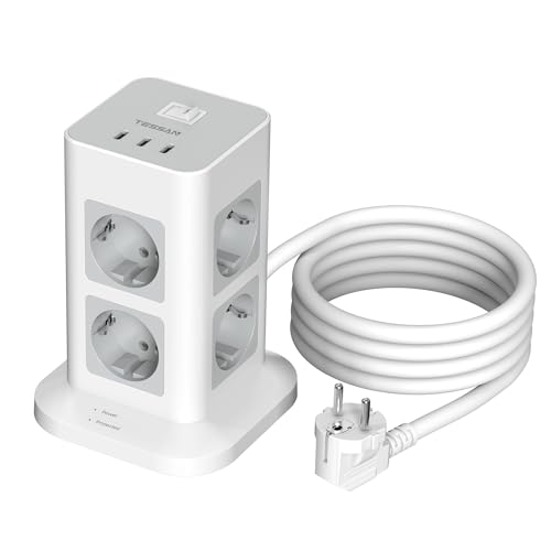 TESSAN 8 Fach Steckdosenleiste mit 3 USB C Mehrfachsteckdose, 1700J Steckdosenleiste Überspannungsschutz mit 2M Verlängerungskabel, 3600W Steckdosenturm, Verteilersteckdose mit USB für Zuhause, Büros von TESSAN