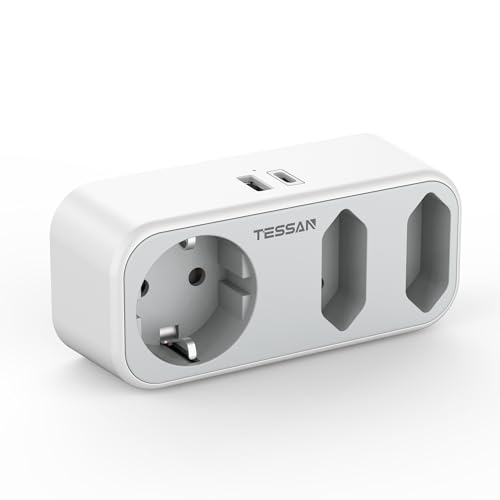 TESSAN Doppelstecker mit USB C, 5 in 1 Steckdosenadapter, Mehrfachstecker mit 1 USB C und 1 USB A, 3600W Steckdosenverteiler mit USB C, 3fach Steckdose USB für Phone und Haushaltsgeräte, Grau von TESSAN