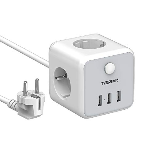 TESSAN Mehrfachsteckdose Würfel USB, 3fach USB, Cube Steckdosenwürfel mit Schalter, Steckdose mit USB Würfel Verlängerungskabel 1,5m, Steckdosenwürfel Grau Steckerleiste für Büro Gray von TESSAN