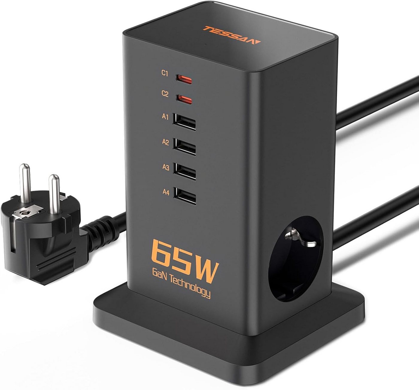 TESSAN PD 65W GaN USB-C Ladegerät 6 Ports 2 AC 2M Kabel Charging Station Mehrfachsteckdose (Kabellänge 2 m) von TESSAN