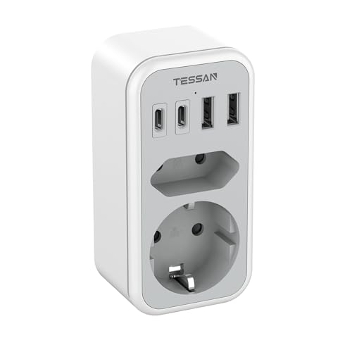 TESSAN Doppelstecker für Steckdose, 6 in 1 Steckdosenadapter mit 2 USB C und 2 USB A, Mehrfachstecker USB C 3600W, Doppelsteckdose für Phone und Haushaltsgeräte, Mehrfachsteckdose mit USB C, Grau von TESSAN