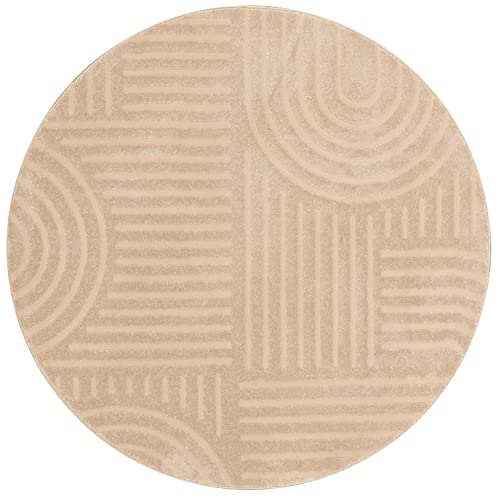 Kurzflor Teppich, Rund, Wohnzimmer, Boho Geometrisch - Beige - Ø200 cm (rund) - Moderner Superweicher Teppich von TESSO LIVING