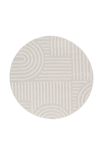 TESSO LIVING Kurzflor Teppich, Rund, Wohnzimmer, Boho Geometrisch -Weiß - Ø200 cm (rund) - Moderner Superweicher Teppich von TESSO LIVING