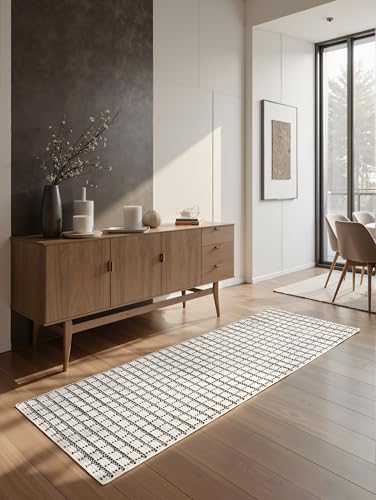 Laufer Teppich - Weich & gemütlich - 80cm x 220cm - Weiß-Anthrazit - 3D Effect - Schlafzimmerteppich, Boho, Scandi von TESSO LIVING