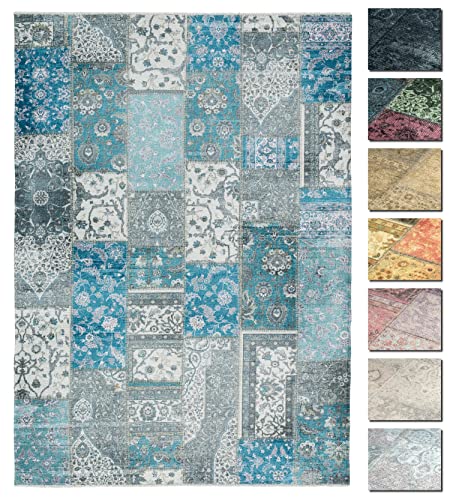 TESSO LIVING Kelim Patchwork Teppich Wohnzimmer Blau 155 X 225 cm, Moderner Kurzflor Teppich, Super Soft, Formen verfügbar von TESSO LIVING